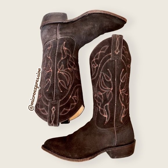 Frye Billy Vintage Brown Suede Embroidered Pull-On Cowgirl Pointed Toe Cute Boot